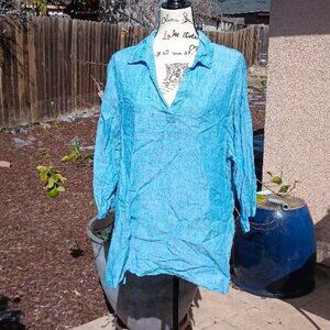Tahari Blue Linen Long Top Blouse Collared Pull Over Xl 1X Sleeve 3/4